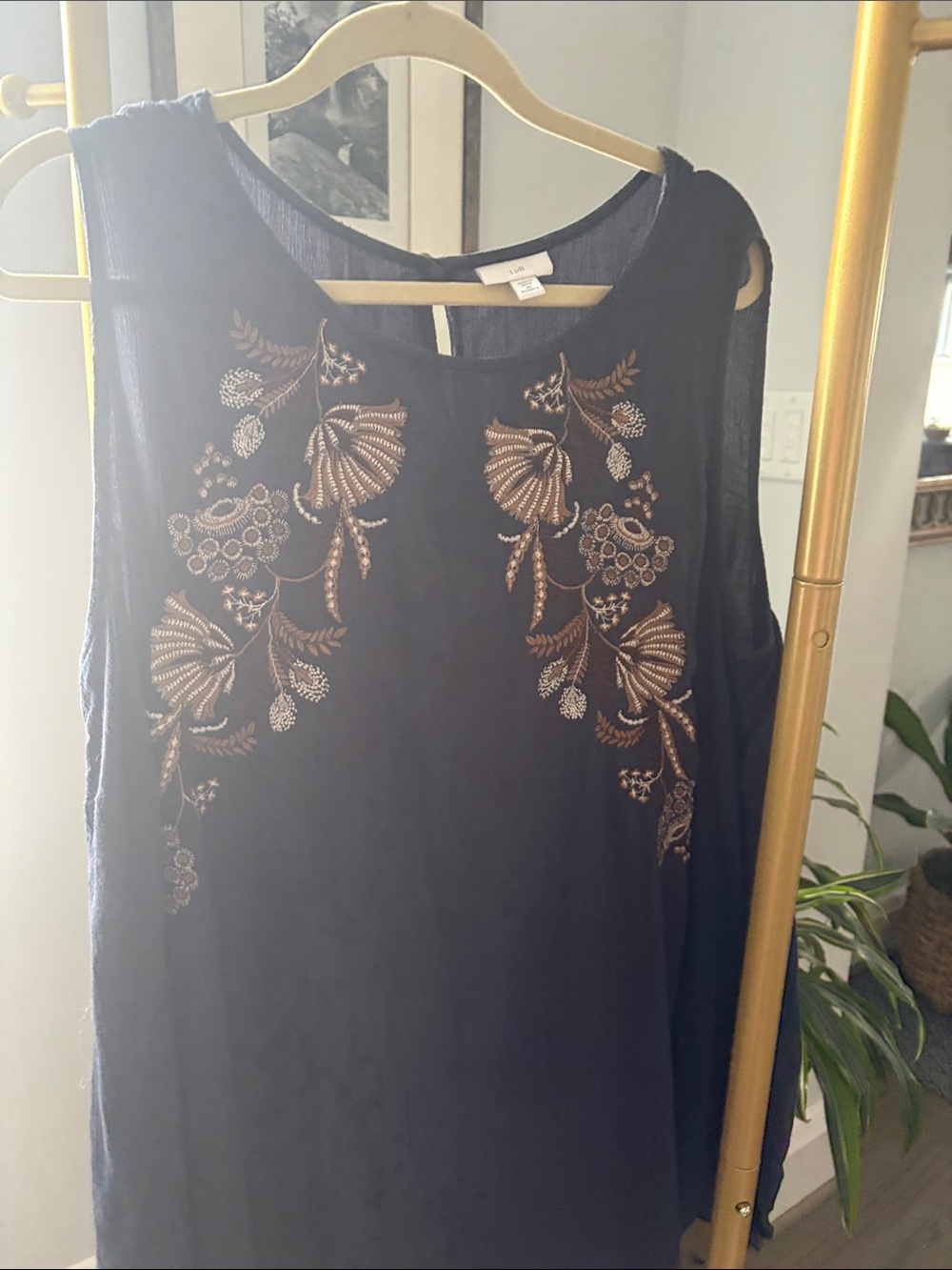 J. Jill Navy Sleeveless Camisole with Gold Floral Embroidery